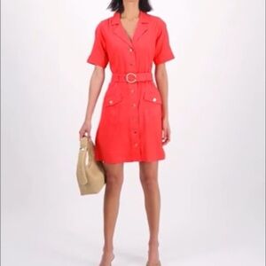 INC Military Linen Blend Button-Front Coral Pink Dress with Belt